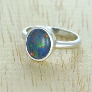 Simple Opal Ring Unisex 10x8 mm black opal solitaire silver ring Australian Opal Bohemian Style Jewelry