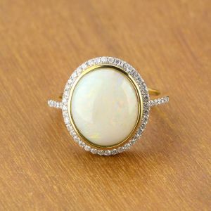 White Opal & Diamond Engagement Ring 14K Gold by Anderson-Beattie
