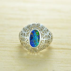 Winton Boulder Opal Ring Cut Out Dome Silver Ring Parakeet Green Fire Ring Size 7 US Only 3.6 carat