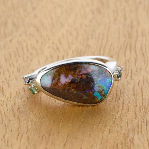 5.14ct Australian Boulder Opal Ring w/ Australian Sapphire Accents in Sterling Silver by Anderson-Beattie.com