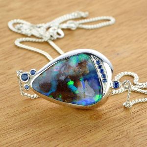 8.89ct Magnificent Boulder Opal & Blue Sapphire Sterling Silver Necklace 18 inches