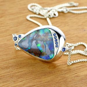 8.89ct Magnificent Boulder Opal & Blue Sapphire Sterling Silver Necklace 18 inches by Anderson-Beattie.com