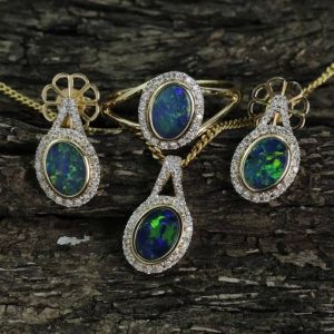 Opal & Diamond Ring, Earring and Pendant 14K Gold 2.82ct by Anderson-Beattie.com