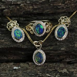Opal & Diamond Ring, Earring and Pendant 14K Gold 2.67ct by Anderson-Beattie.com