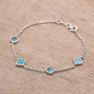 Blue Green Round Square Opal Bracelet 925 Sterling Silver 3.40 grams by Anderson-Beattie.com