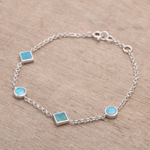 Blue Green Round Square Opal Bracelet 925 Sterling Silver 7 - 7.5 inch by Anderson-Beattie.com