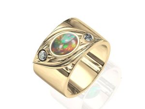 8x6mm Australian Black Opal Thick Band Ring w/ 0.12ct Diamond in 14K or 18K Gold by Anderson-Beattie.com