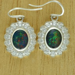 Elegant Romantic Era Black Opal French Hook Dangle Earrings with Simulated Diamond in 925 Solid Silver Formal Opal Jewelry