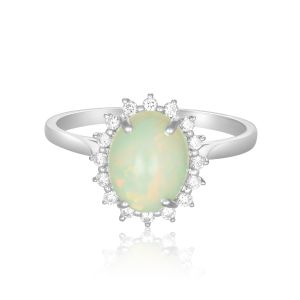 Vintage Elegant White Opal Ring Natural Australian White Opal Stone Silver Ring Simulated Diamonds Oval centre Gemstone Ring