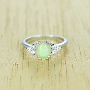 White Opal Engagement Ring Australian Opal Promise Ring 14K Gold Ring Cluster Diamond Ring 0.18ct Genuine Diamonds & 8x6mm Opal