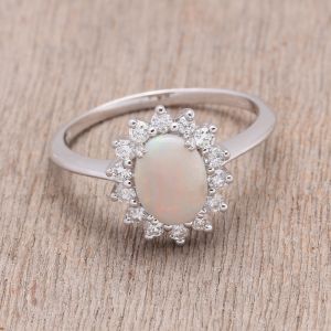 Halo Antique Style Australian Opal Ring CZ Silver Opal Personalized Ring Anniversary Gift