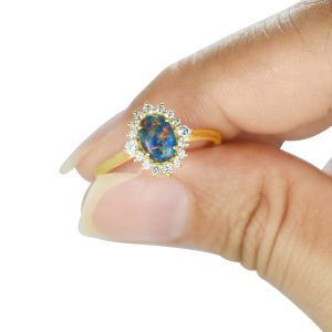 Black Opal Engagement Ring Antique Diamond Halo Style 14K 18K Solid Gold Ring Australian Opal