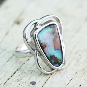 2.38ct Boulder Opal & Australian 1/3ct Dark Blue Sapphire Ring in Sterling Silver by Anderson-Beattie.com