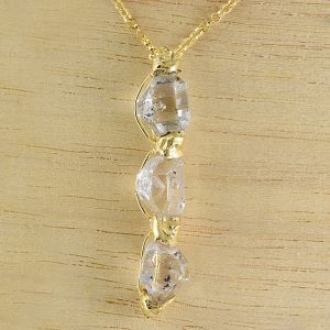 Favorite Person Gift TRIPLE Herkimer Diamond Quartz Crystal 15 Carats Necklace 10K Solid Gold Pendant - 10K Vermeil Chain 24 inch