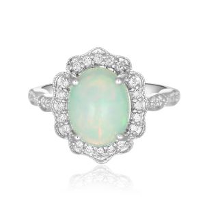 MOONLIKE White Opal Classy Vintage Milgrain Silver Ring Natural Stone Ring Simulated Diamonds Oval Opal Gemstone Ring 