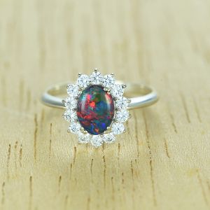 Diamond Halo Opal Ring 14K Gold Australian Opal Engagement Ring Coober Pedy Opal Antique Style Ring