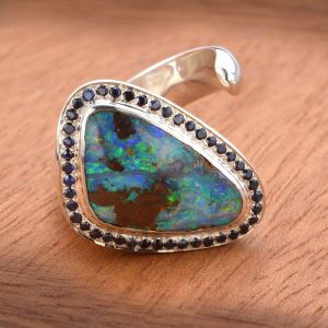 8.5 cts Boulder Opal Cuff Ring w/ Blue Sapphire Accents in 925 Sterling Silver Size 9.5 US by Anderson-Beattie.com