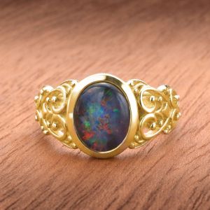 10x8mm First-rate Natural Australian Black Opal Ring in 14K or 18K Gold 1.75TCW  by Anderson-Beattie.com