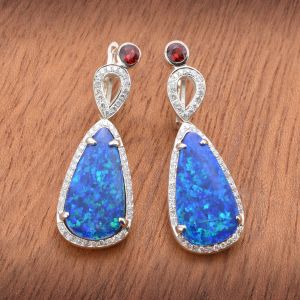 9ct Blue Drop Shape Opal Earrings w/ Red Sapphire and Cz in 925 Sterling Silver by Anderson-Beattie.com