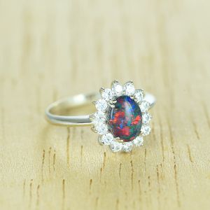 Black Opal Sterling Silver Ring with Cubic Zirconia Australian Opal Birthstone Ring Antique Style Halo Silver Ring Opal Triplet
