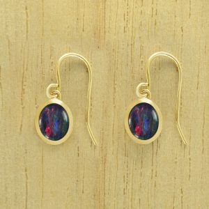 Gold Hook Opal Bezel Earrings Oval Doublets 10x8mm