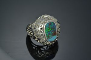 Opal Silver Dome Ring Urban Style Winton Boulder Opal Cut Out Ring Parakeet Green Fire Ring Size 7.5 US Only 4.255 carat