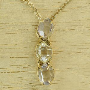 TRIPLE Herkimer Diamond Quartz Crystal 15 Carats Necklace 10K Solid Gold Pendant - 10K Vermeil Adjustable Chain 21 - 16 inch Avant Garde