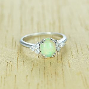 Australian Opal Promise Ring Solid White Opal Sterling Silver CZ Cluster Ring 8x6mm Dainty Opal Ring Happy Mother's Day