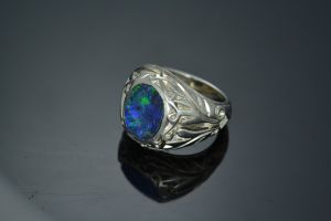 Opal Signet Ring Urban Style Boulder Opal Western Cowboy Vine Dome Ring 3.51 Carat Parakeet Green Fire Ring Size 6 US Only