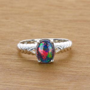 Fancy Claw Inlay 8x6mm Oval Opal Ring in 925 Sterling Silver by Anderson-Beattie.com