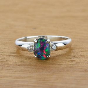 Women's 925 Sterling Silver 7x5mm Opal Ring w/ White CZ Accents by Anderson-Beattie.com