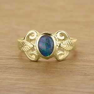 Stylish 7x5mm Australian Opal Ring in 14K or 18K Gold by Anderson-Beattie.com