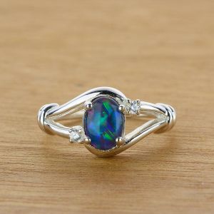 Split Shank 925 Sterling Silver Oval Opal Ring w/ White CZ Accents by Anderson-Beattie.com
