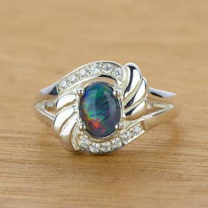 Deluxe 8x6mm Oval Opal Ring w/ White CZ Accents in 925 Sterling Silver by Anderson-Beattie.com