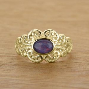 Grandeur 7x5mm Australian Opal Ring in 14K or 18K Gold by Anderson-Beattie.com