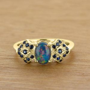 Exquisite 7x5mm Oval Opal & Australian Blue Sapphire 14K Gold Ring by Anderson-Beattie.com