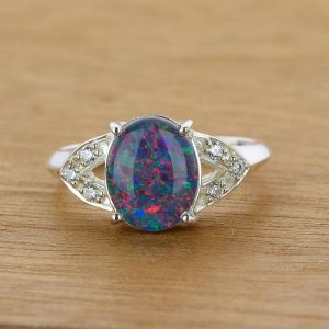 Artisan 8x6mm Oval Opal Ring w/ White CZ Accents in 925 Sterling Silver by Anderson-Beattie.com