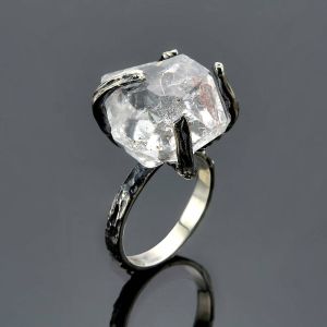 Herkimer Diamond Oxidised Prong Ring in Sterling Silver by Anderson-Beattie.com