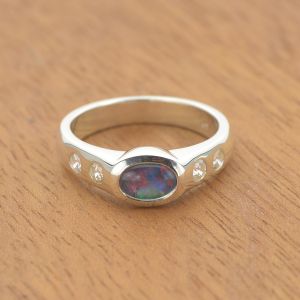 7x5mm Australian Black Opal Ring w/ 0.0828ct White Cz Accents in 925 Sterling Silver by Anderson-Beattie.com
