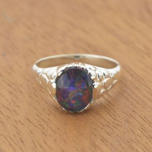 Silver Band  9x7mm Triplet Oval Opal Ring 925 Sterling Silver by Anderson-Beattie.com
