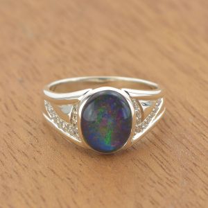 10x8mm Oval Opal Triplet Ring w/ 1.3mm White Cz Accents in 925 Sterling Silver by Anderson-Beattie.com