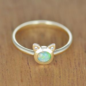 Australian Opal & Diamond Cat Ring, Kitty Ring, 14k  by Anderson-Beattie.com Solid Gold 