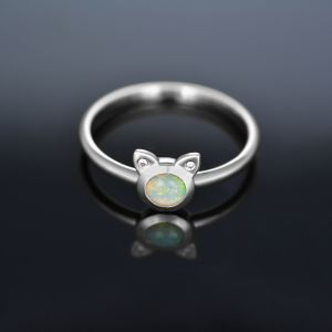 Australian Opal & Diamond Cat Ring, Kitty Ring,  by Anderson-Beattie.com Sterling Silver