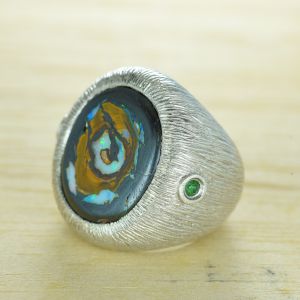 10.74ct Matrix Boulder Opal & Tsavorite Garnet Ring in Sterling Silver by Anderson-Beattie.com