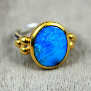 Urban Vintage Boulder Opal Ring Two Tone Sterling Silver 18K Yellow Gold Vermeil Size 7 US Only 9.6 Carat