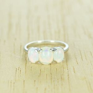Silver Opal Ring Three Stone Ring White Opal Promise Ring Angel Aura Jewelry